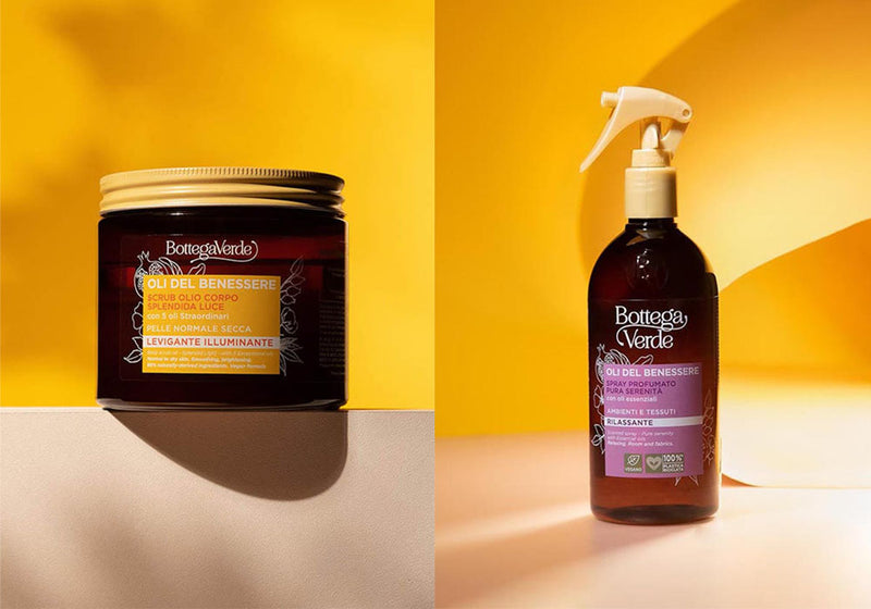 bottega verde, scrub olio corpo e spray profumato pura serenità