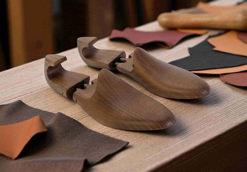 prototipo di scarpa in legno, ambientato con AI